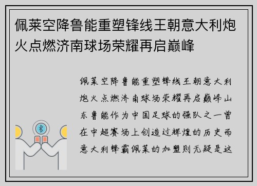佩莱空降鲁能重塑锋线王朝意大利炮火点燃济南球场荣耀再启巅峰 佩莱空降鲁能重塑锋线王朝意大利炮火点燃济南球场荣耀再启巅峰